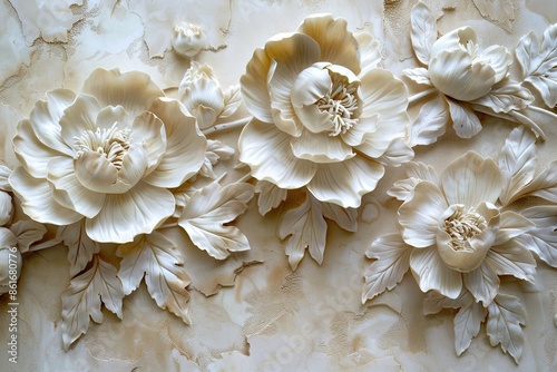 Stucco relief of peony blooms: Intricately detailed petals and leaves, creating a lifelike 3D effect on the textured wall © Mari
