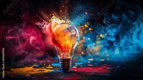Light bulb exploding with color representing creative idea