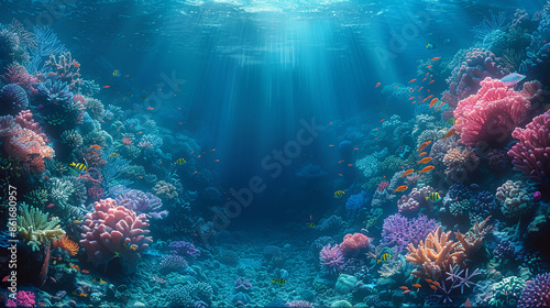Sun rays illuminating the ocean floor with a large school of fish swimming over a colorful coral reef