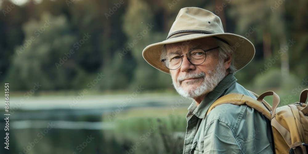 Elderly man in a hat and with a backpack on his back stands by a lake in the forest, preparing to go fishing. Copyspace Elderly man in a hat and with a backpack on his back stands by a lake in the forest, preparing to go fishing. Copyspace