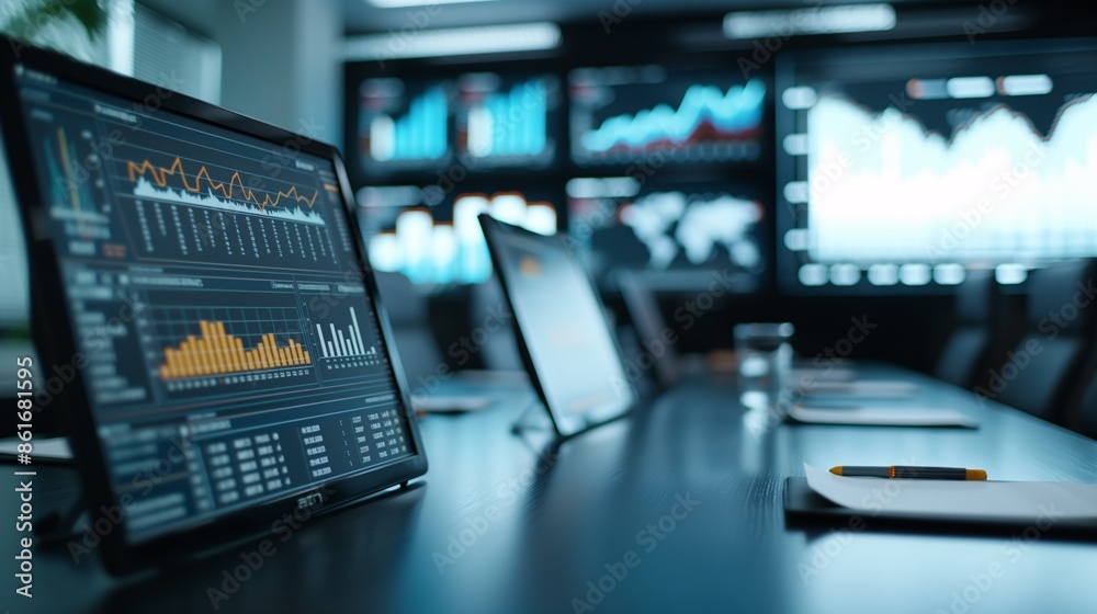A business meeting room with charts and diagrams on a screen A business meeting room with charts and diagrams on a screen