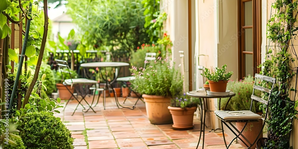 Fototapeta premium Elegant House Terrace Adorned with Chairs, Tables, and Plants. Concept House Terrace, Elegant Decor, Outdoor Setting, Furniture Arrangement, Plant Adornments