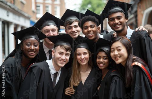 A group of smiling young women and men in graduation caps are posing for the camera with their arms around each other's shoulders