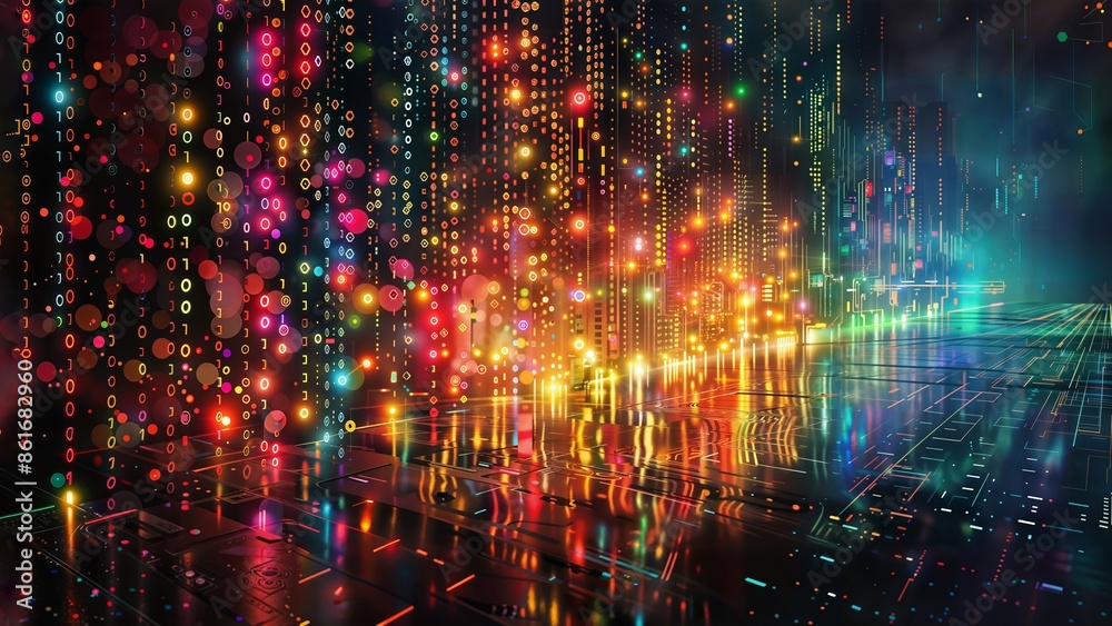 Abstract digital landscape with glowing binary code and colorful light streams. Futuristic technology concept representing data flow, artificial intelligence, and digital transformation. Abstract digital landscape with glowing binary code and colorful light streams. Futuristic technology concept representing data flow, artificial intelligence, and digital transformation.