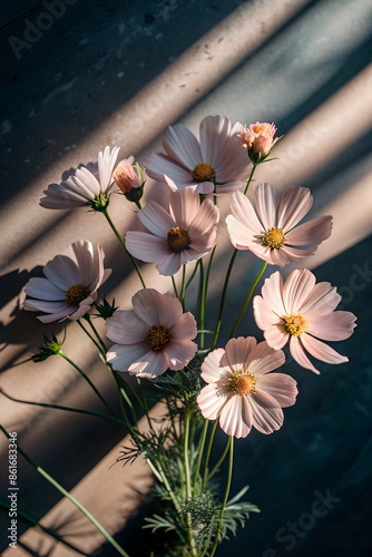 Flowers background. Light pink cosmos flowers pattern on dgrey background with sunlight shadow. Floral card, Poster photo