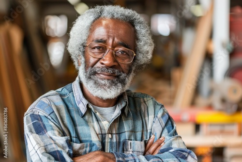 Reflective moment of an African American craftsman admiring his work, Elderly man with weathered features, soft gaze, crossed arms. Workshop backdrop frames contented artisan.