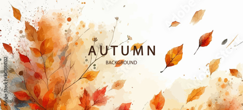 Abstract art autumn minimalistic background with brush texture and flying maple leaves. Hand-painted natural art with fall leaves. Autumn border
