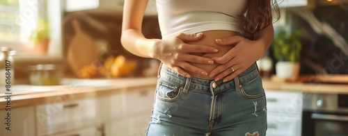 Semi-close-up of a woman with a stomach ache holding her abdomen, kitchen background, realistic detail, ample copy space