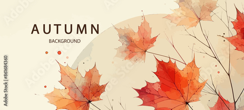 Abstract art autumn minimalistic background with brush texture and flying maple leaves. Hand-painted natural art with fall leaves. Autumn border