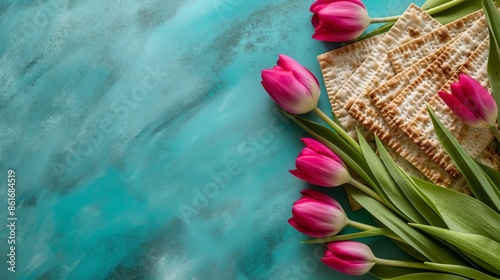 Image highlighting matzos crackers neatly arranged with fresh pink tulips on a bright blue surface, ideal for uses related to Spring or Passover. photo