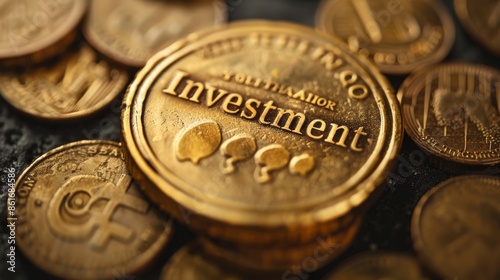 A 3D illustration of a golden coin with the word "Investment" engraved on it, symbolizing the concept of investing and financial growth.