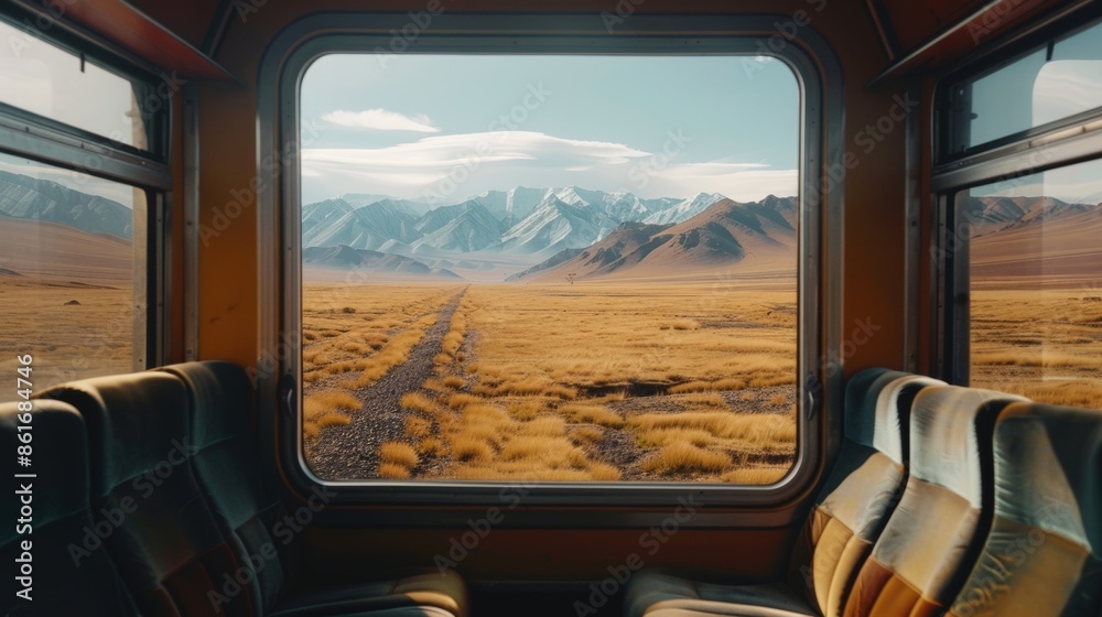 Fototapeta premium The mountains seem to stretch on endlessly as the train speeds through the remote terrain.