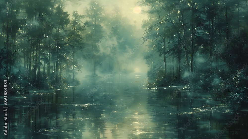 Oil painting of a dense forest shrouded in morning mist, with a quiet stream flowing through the trees. Oil painting of a dense forest shrouded in morning mist, with a quiet stream flowing through the trees.