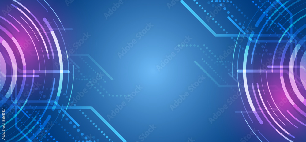 Obraz premium High tech banner. Technological geometric background consisting of circles on a blue background. Internet communications, big data, digital technologies.