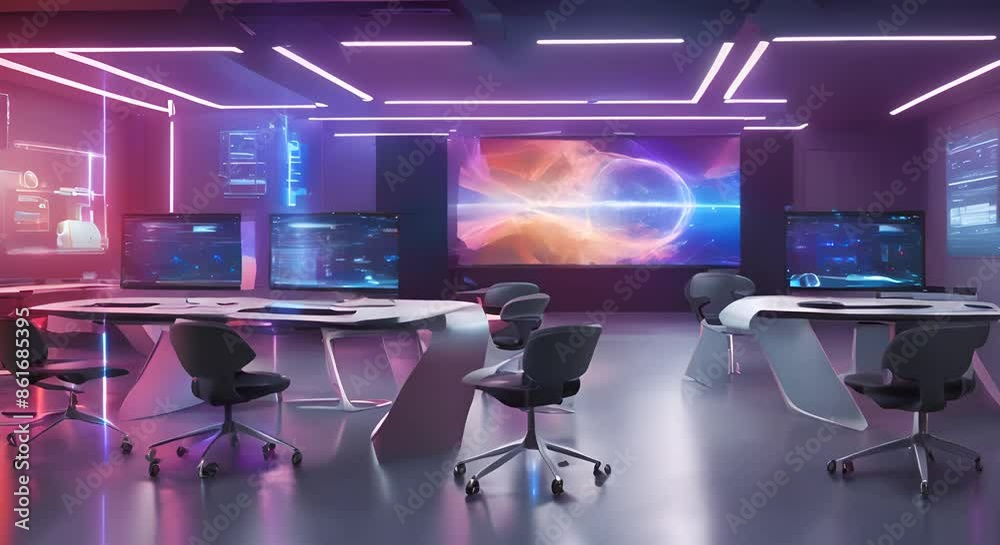 Multiple tables in a room filled with laptops and futuristic holographic displays A futuristic classroom scene with holographic displays and interactive learning tools 4k Multiple tables in a room filled with laptops and futuristic holographic displays A futuristic classroom scene with holographic displays and interactive learning tools 4k