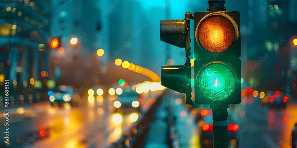 Φωτογραφία Closeup of green traffic light signaling cars to move with cityscape backdrop