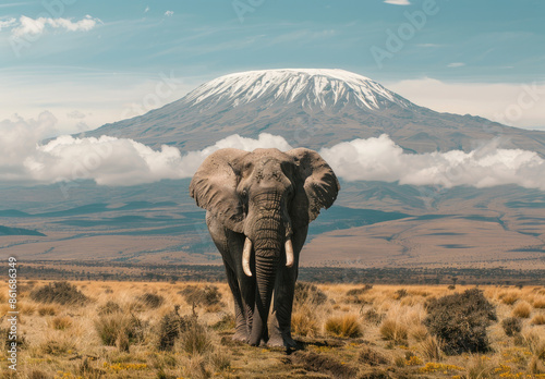 A majestic elephant stands in the foreground, with Mount Meru's snow-capped peak rising majestically behind it. photo