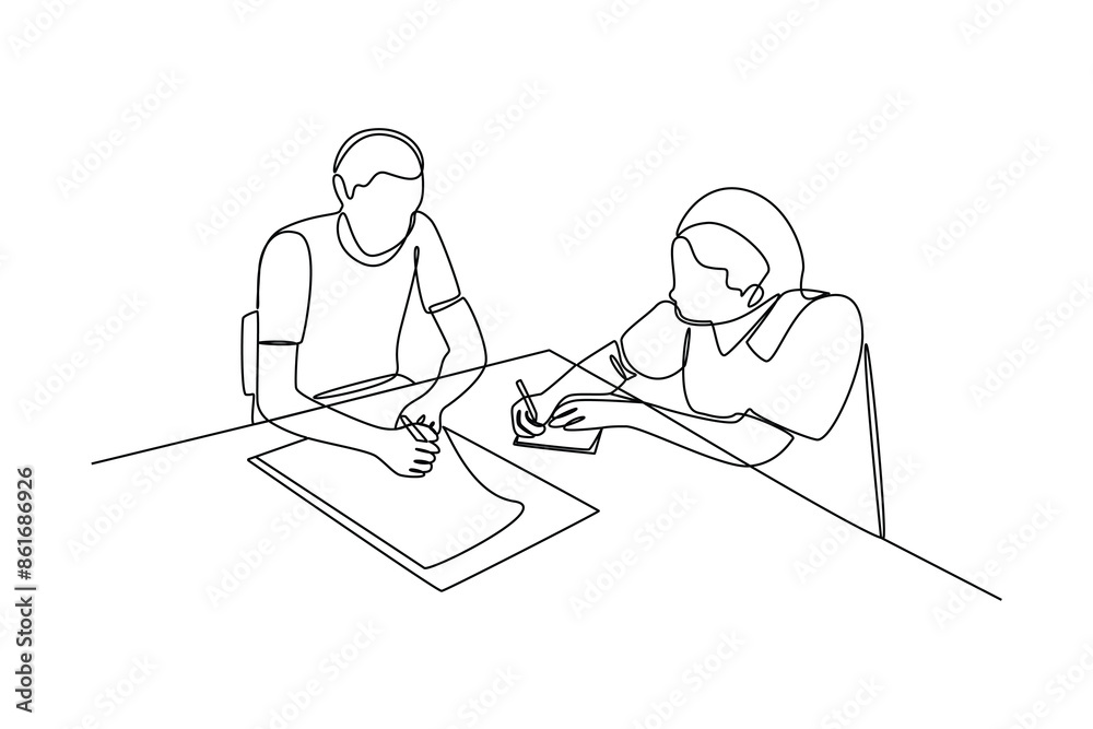 One continuous line drawing of two young people are planning a new project. Business Project minimalist concept. Single line draw vector graphic design illustration One continuous line drawing of two young people are planning a new project. Business Project minimalist concept. Single line draw vector graphic design illustration