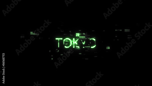 3D rendering Tokyo text with screen effects of technological glitches