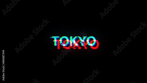3D rendering Tokyo text with screen effects of technological glitches
