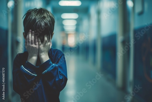 Upset boy covered his face with hands standing alone