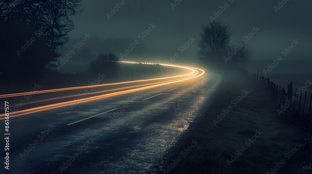 Empty Country Road at Dramatic Stormy Night with Headlights Through Misty Rain Empty Country Road at Dramatic Stormy Night with Headlights Through Misty Rain