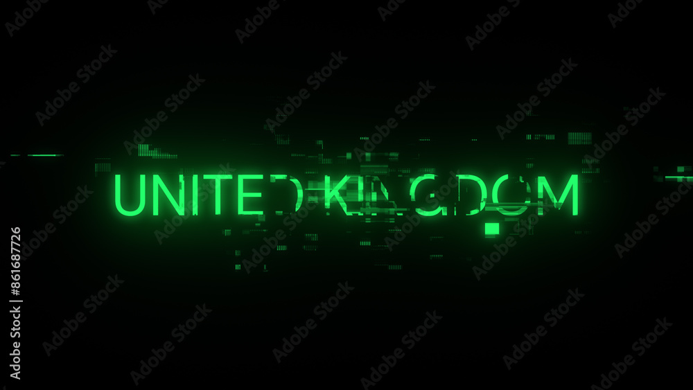3D rendering United Kingdom text with screen effects of technological glitches 3D rendering United Kingdom text with screen effects of technological glitches