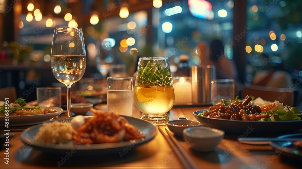 A table set with plates of delicious food and wine glasses ready to be enjoyed.
A table set with plates of delicious food and wine glasses ready to be enjoyed.