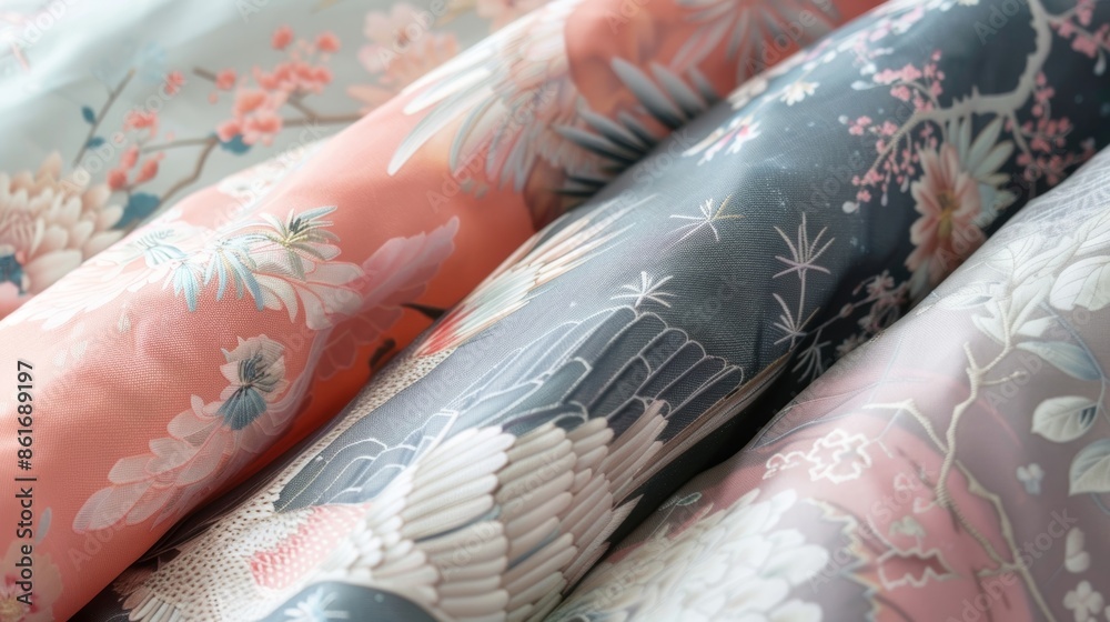 The cranes arm is adorned with delicate fabric in a variety of soft pastel hues. The cranes arm is adorned with delicate fabric in a variety of soft pastel hues.