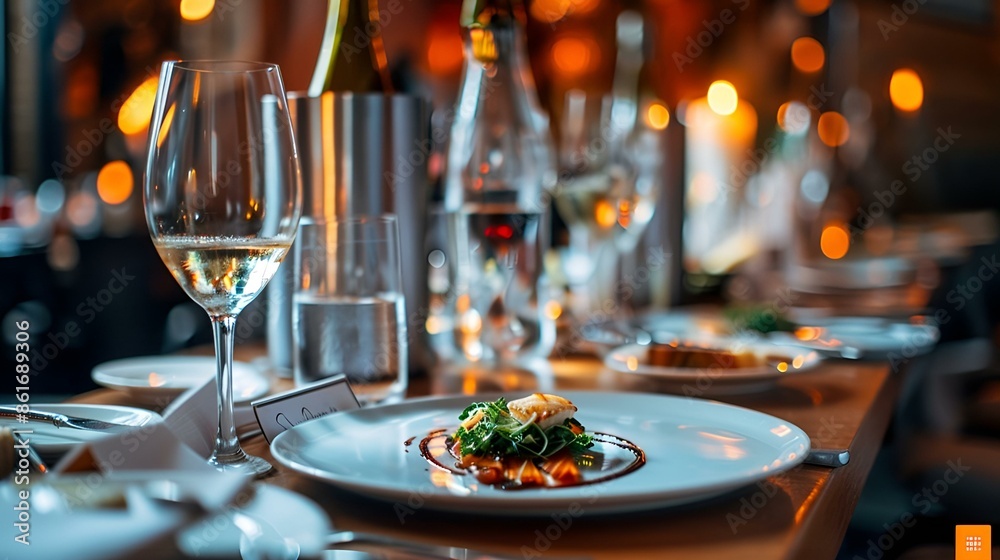 A table set with a plate of food and wine glasses. A table set with a plate of food and wine glasses.
