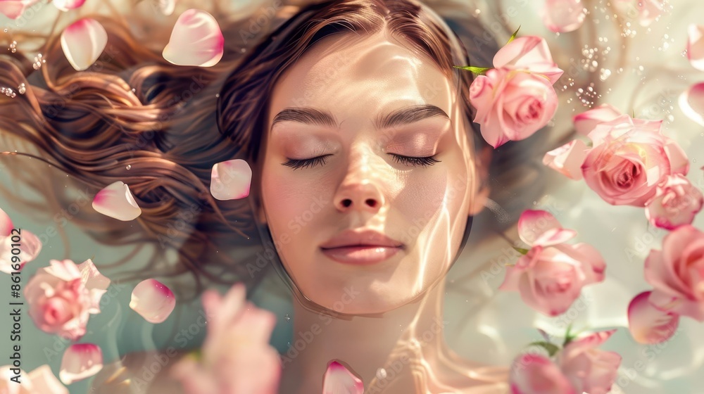 serene woman with flowing hair immersed in a luxurious spa treatment surrounded by floating flower petals 3d illustration serene woman with flowing hair immersed in a luxurious spa treatment surrounded by floating flower petals 3d illustration