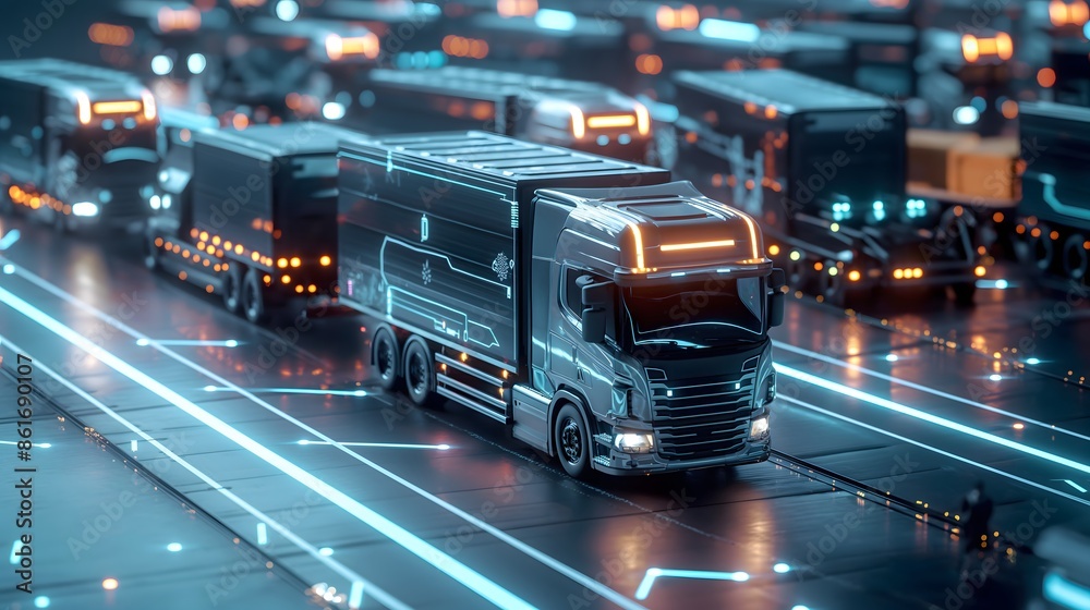 Fototapeta premium 13. Generate an AI-powered logistics hub, optimizing supply chain operations with predictive analytics and autonomous transport systems.