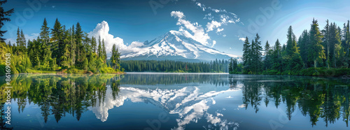 panoramic photo of a beautiful lake with a mountain peak reflection in the pale blue sky © Kien