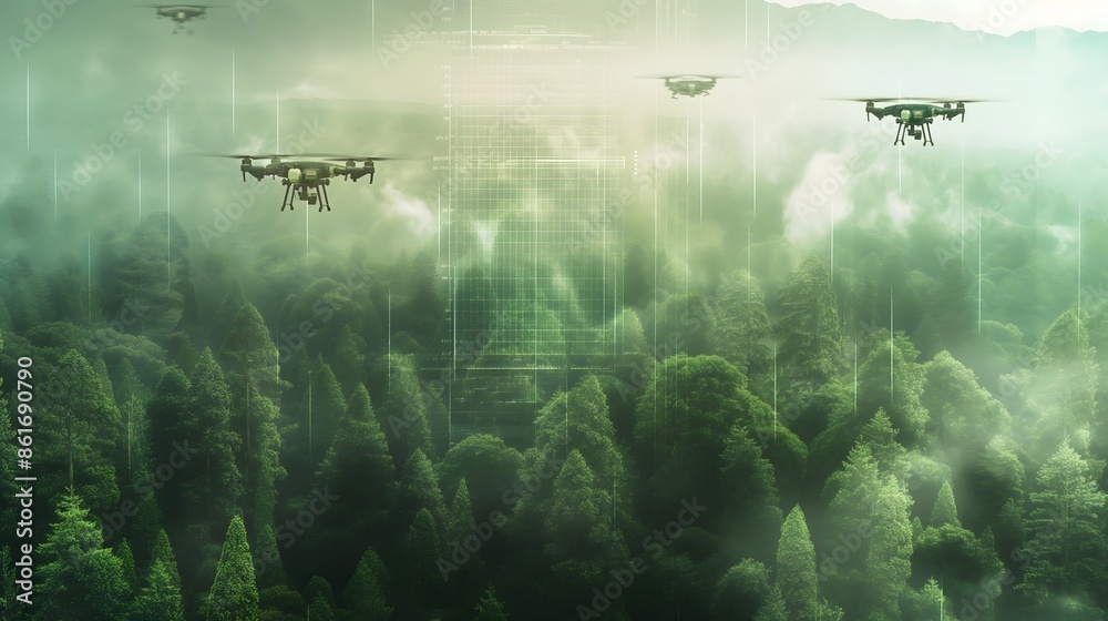 Fototapeta premium 14. Craft a scenario of AI-driven environmental monitoring, with drones and sensors collecting data to manage and preserve natural resources.