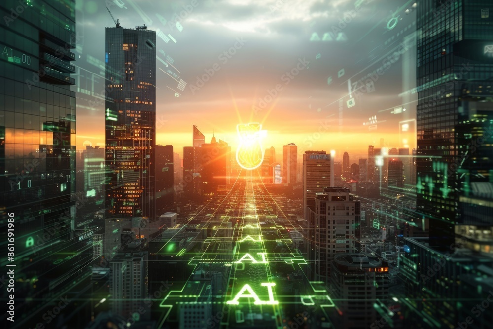AI cityscape with digital overlays, showcasing futuristic artificial intelligence integration, tech innovation AI cityscape with digital overlays, showcasing futuristic artificial intelligence integration, tech innovation