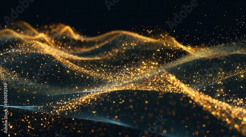 shimmering golden glitter trail swirling in an elegant wave pattern against a black background digital illustration © Jelena