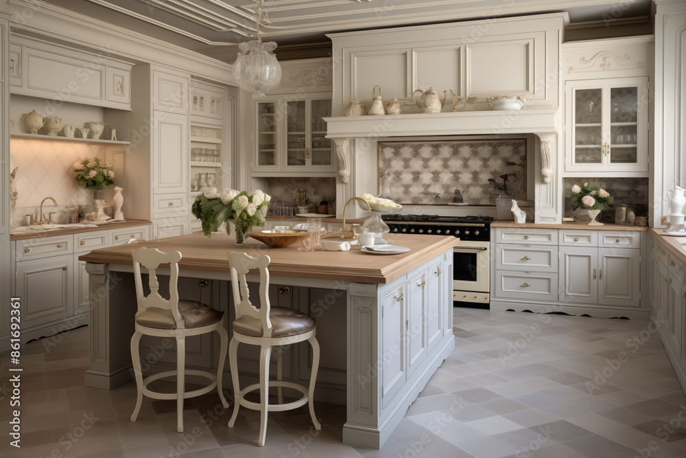 Fototapeta premium Modern French elegant interior of kitchen with notes of colonial style. Generative AI tools