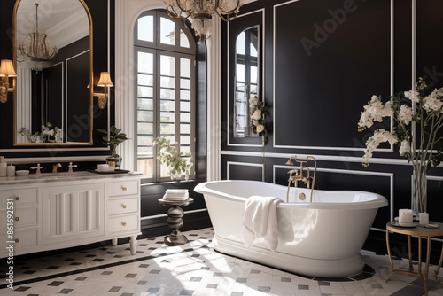 Modern French elegant interior of bathroom with notes of colonial style. Generative AI tools