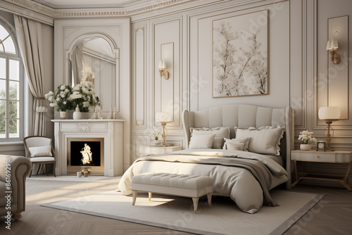 Modern French elegant interior of bedroom with notes of colonial style. Generative AI tools