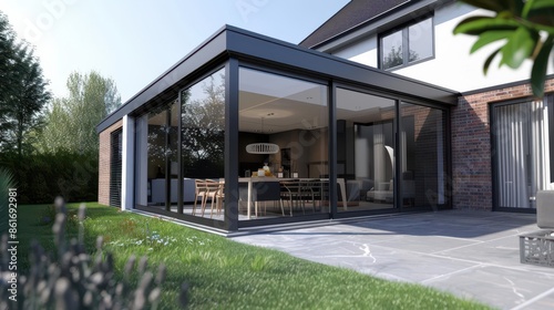 sleek aluminium veranda extension modern house exterior 3d rendering