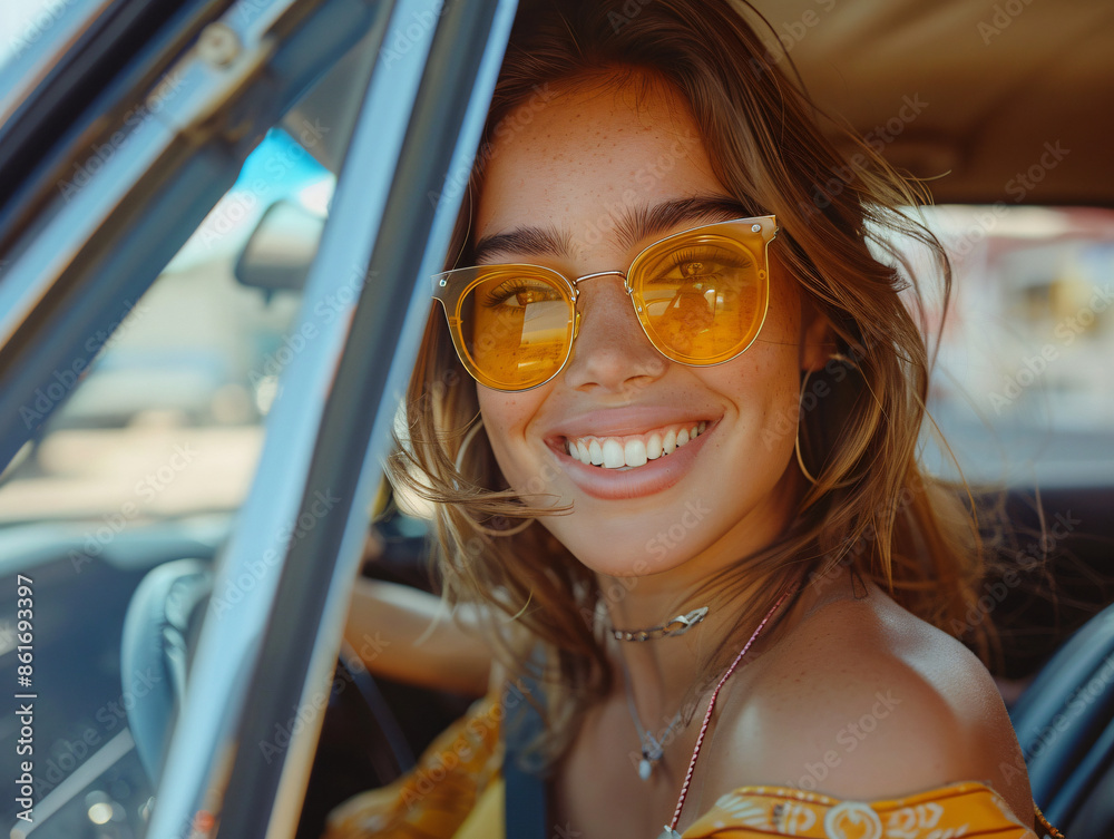 A young woman with brown hair and freckles smiles as she rides in a car, wearing large yellow sunglasses. A young woman with brown hair and freckles smiles as she rides in a car, wearing large yellow sunglasses.