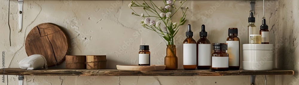 Eco Friendly Skincare Essentials on Rustic Wooden Shelf for Natural Beauty and Wellness Eco Friendly Skincare Essentials on Rustic Wooden Shelf for Natural Beauty and Wellness