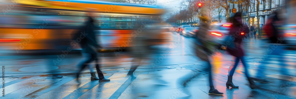 People captured in motion as they cross a busy city street with a bus in the background, embodying urban hustle and pace of life. People captured in motion as they cross a busy city street with a bus in the background, embodying urban hustle and pace of life.