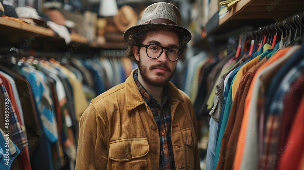 Fototapeta premium Fashionable young man browsing sustainable clothing options at thrift store