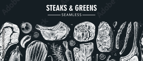 Healthy food  seamless ribbon on chalkboard. Vintage style meat and vegetable vector background. Raw steaks sketches. Hand drawn food illustrations. NOT AI generated