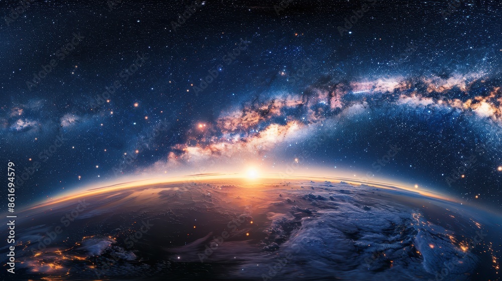 Panoramic view of the Earth and galaxy with stars Panoramic view of the Earth and galaxy with stars