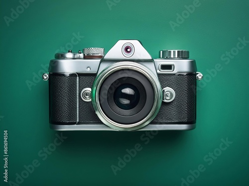 siver böack camera on a dark green background,flat icon design photo