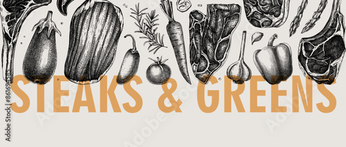 Healthy food border  Vintage style meat and vegetable vector background. Raw steaks sketches. Hand drawn food illustrations. NOT AI generated