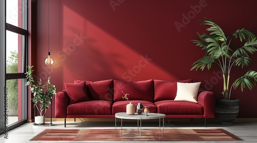 A modern living room featuring a sophisticated maroon color scheme, with minimalist design elements and a sleek, contemporary feel. The image provides ample copy space for customization.