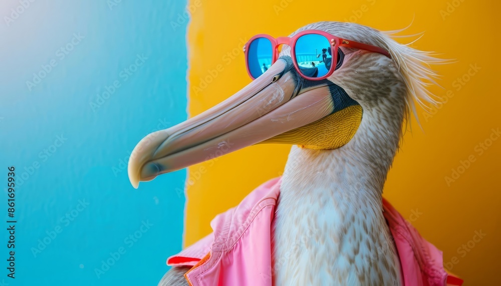 Fototapeta premium Image of stylish Albatross in trendy sunglasses and outfit looking at camera against two colored background, Copyspace